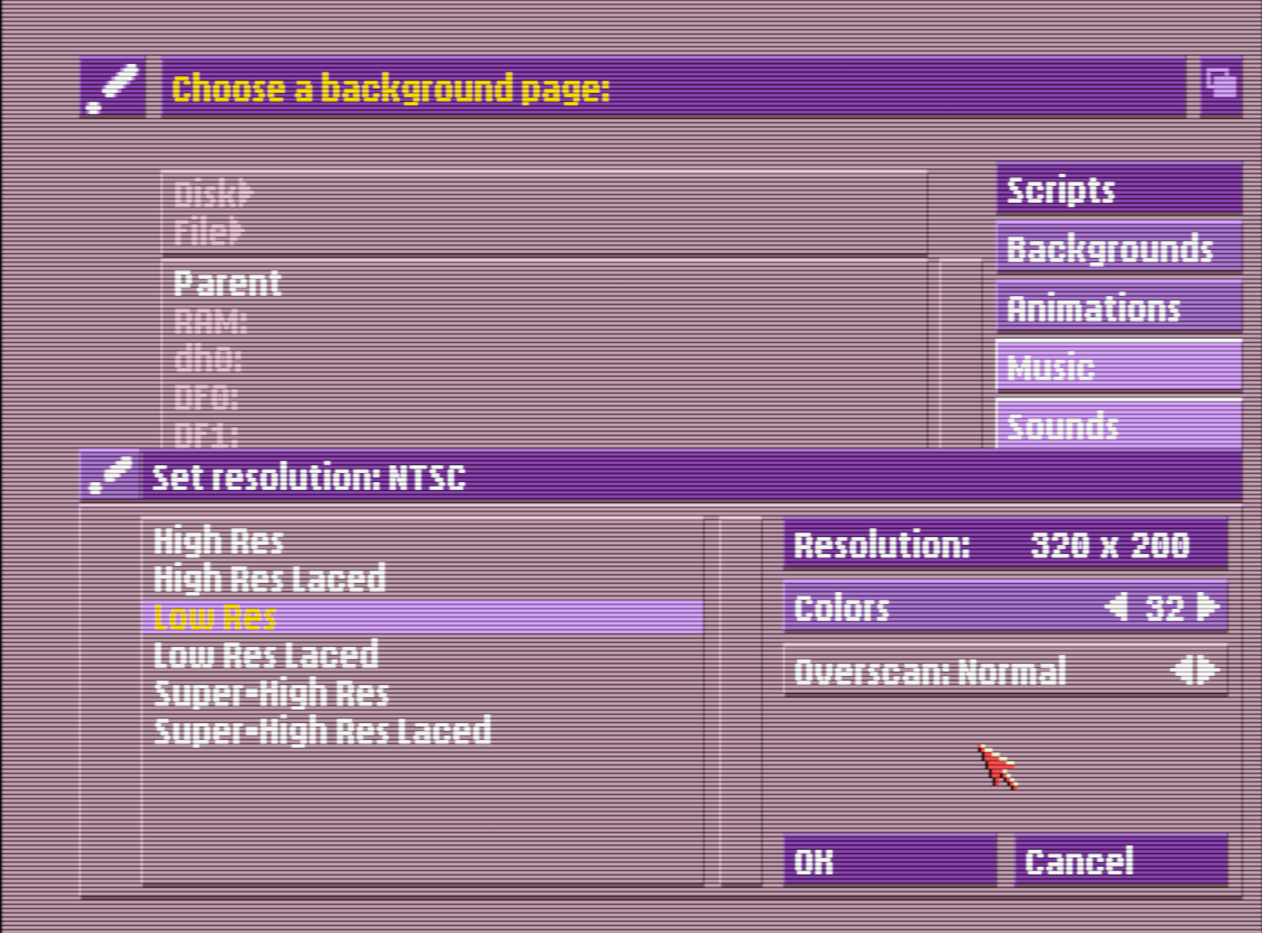 Scala Multimedia MM300 dialog for creating a new page, showing resolution and display options with Low Res (320×200, 32 colors, NTSC) selected, alongside buttons for Scripts, Backgrounds, Animations, Music, and Sounds. Everything is in purple in any interface screen shot.