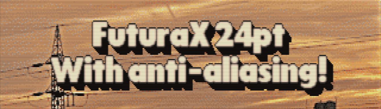 Sample Scala text effect reading ‘FuturaX 24pt with anti-aliasing!’ shown as large, cream lettering with a one pixel black outline and a pseudo-3D extrusion effect over a textured background.