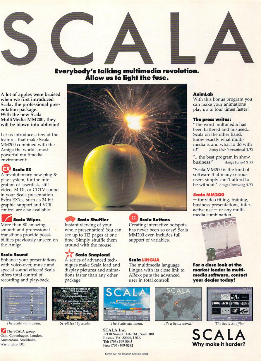 Full-page magazine advertisement for Scala Multimedia on the Amiga, featuring a large ‘SCALA’ headline, a photo of a green apple with a lit fuse. Body copy explains the image, "Everybody's talking multimedia revolution. Allow us to light the fuse."ext promoting Scala MM200’s multimedia features such as animation, sound, buttons, and scripting. Presumably this is a shot at the Apple Macintosh, but the messaging is a little vague