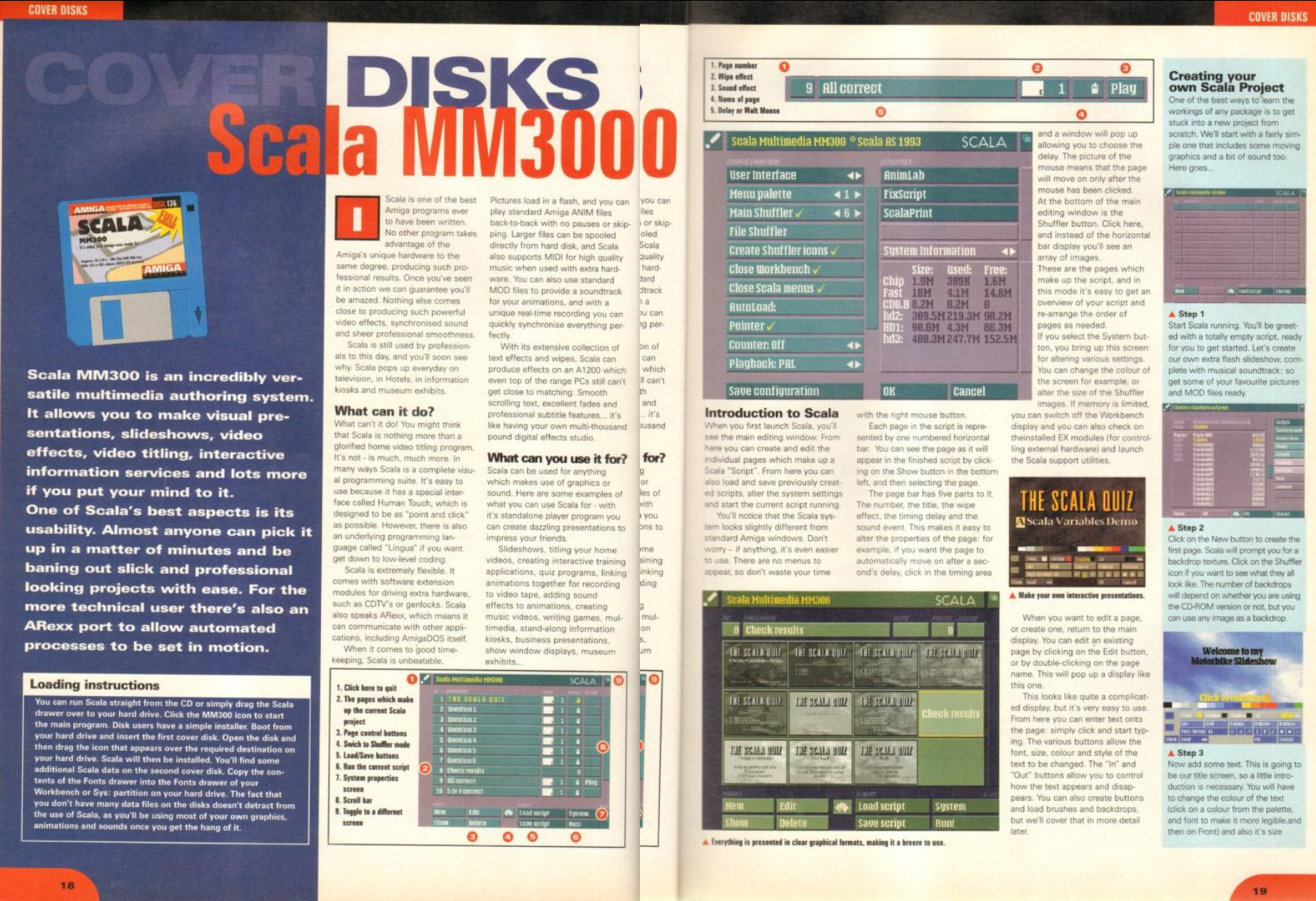 Two-page magazine spread going into some detail about the Scala MM300 bundled on the cover disk, with screenshots of the interface, step-by-step project walkthroughs, and explanatory text describing features, usability, and more with the promise of monthly tutorials for the next 7 months.