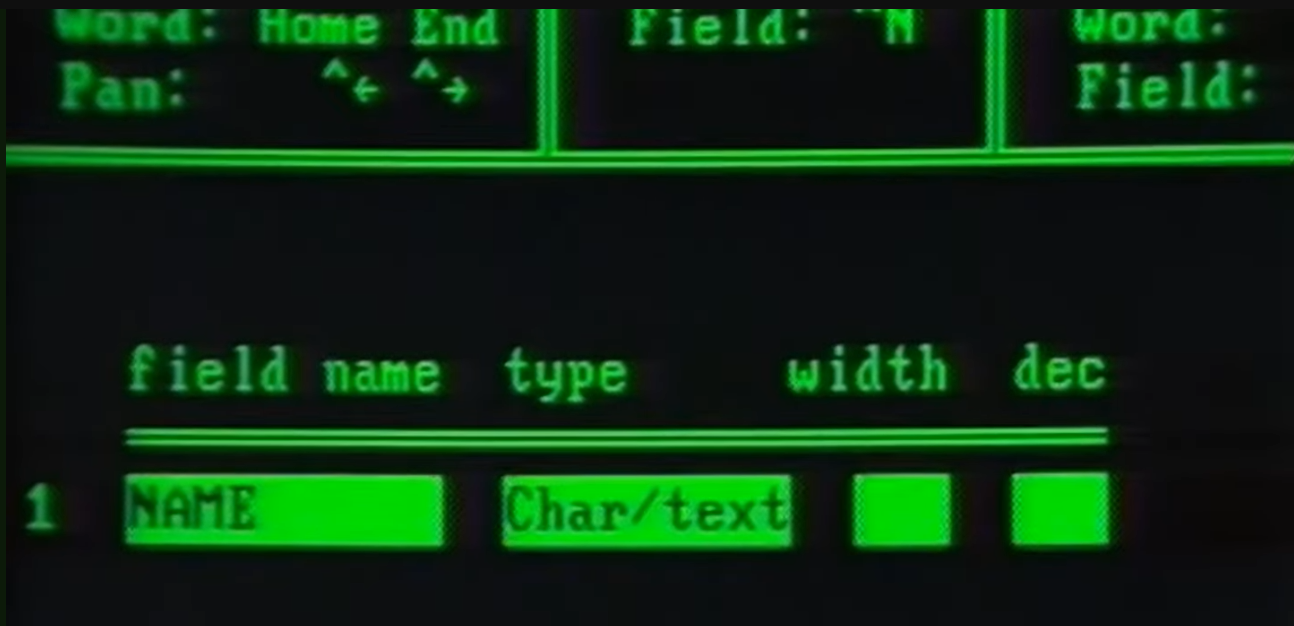 dBASE III's more visual field definition tool prompting the user through the data to input in each field aspect, like name, type, width, and dec. A hint of the on-screen help menu is visible at top.