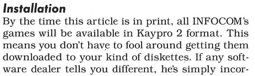 Clipping from PRO magazine reads, "By the time this article is in print, all Infocom's games will be available in Kaypro 2 format. This means you don't have to fool around getting them downloaded to your kind of diskettes."