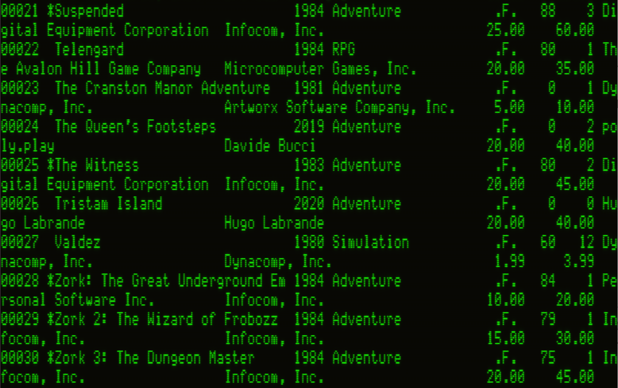 A listing of game records with multiple columns, including title, year, genre, publisher, prices, and stock. Several Infocom titles, such as Zork 2 and Zork 3, are prefixed with an asterisk (*), indicating they have been marked for deletion but not yet permanently removed.