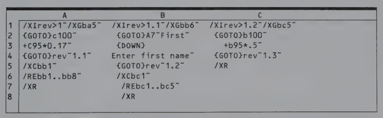 Capture from the LOTUS macro book showing complex macro definitions. As an example, the first line of the first macro reads, "/XIrev>1~/XGba5~" It's the kind of stuff that I just glaze over when confronted by its impenetrable syntax. 