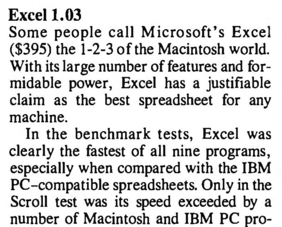 Clipping from BYTE Magazine about Excel 1.03. "Some people call Microsoft's Excel ($395) the 1-2-3 of the Macintosh world. With its large number of features and formidable power, Excel has a justifiable claim as the best spreadsheet for any machine. In the benchmark tests, Excel was clearly the fastest of all nine programs, especially when compared with the IBM PC-compatible spreadsheets."