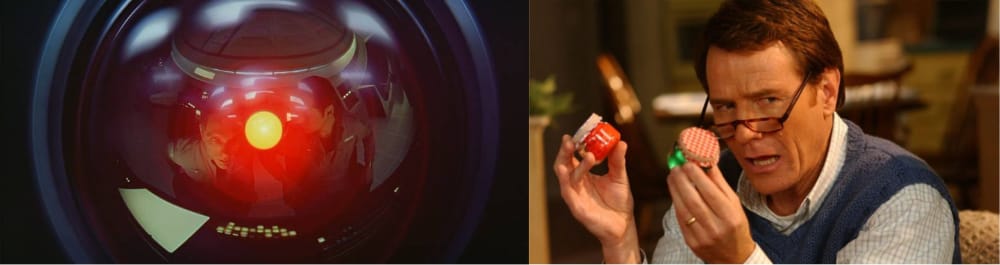 Split image showing evil HAL from 2001 on the left and gentle dumb Hal from "Malcolm in the Middle" on the right.