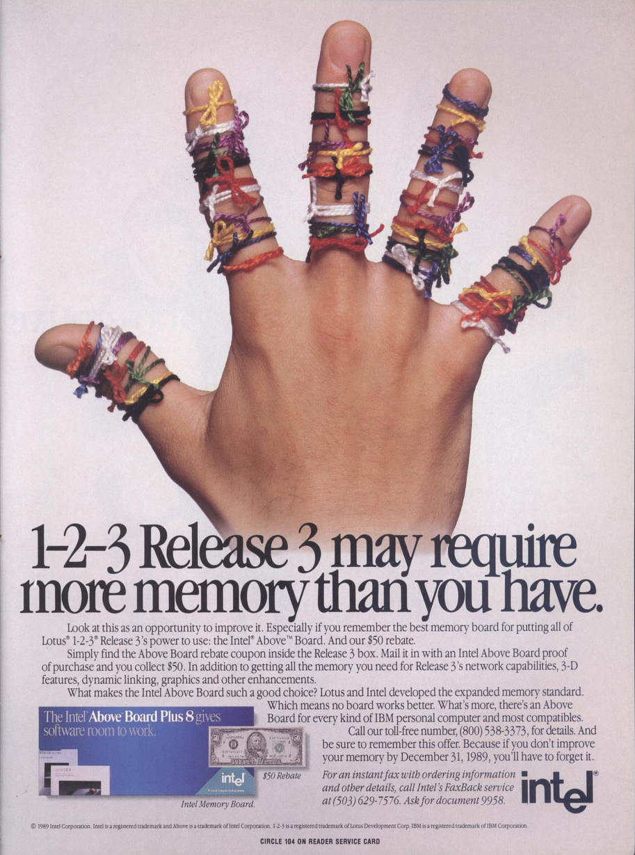 A full-page print advertisement from Intel Corporation, dated 1989. The dominant image is a close-up photograph of an outstretched hand with dozens of colorful reminder strings tied around every finger and knuckle. The headline reads "1-2-3 Release 3 may require more memory than you have." Body copy frames this as an opportunity, promoting the Intel Above Board Plus 8 expanded memory board and a $50 rebate offer available by mailing in a coupon from the Release 3 box — with the rebate deadline of December 31, 1989. The ad notes that Lotus and Intel jointly developed the expanded memory standard.