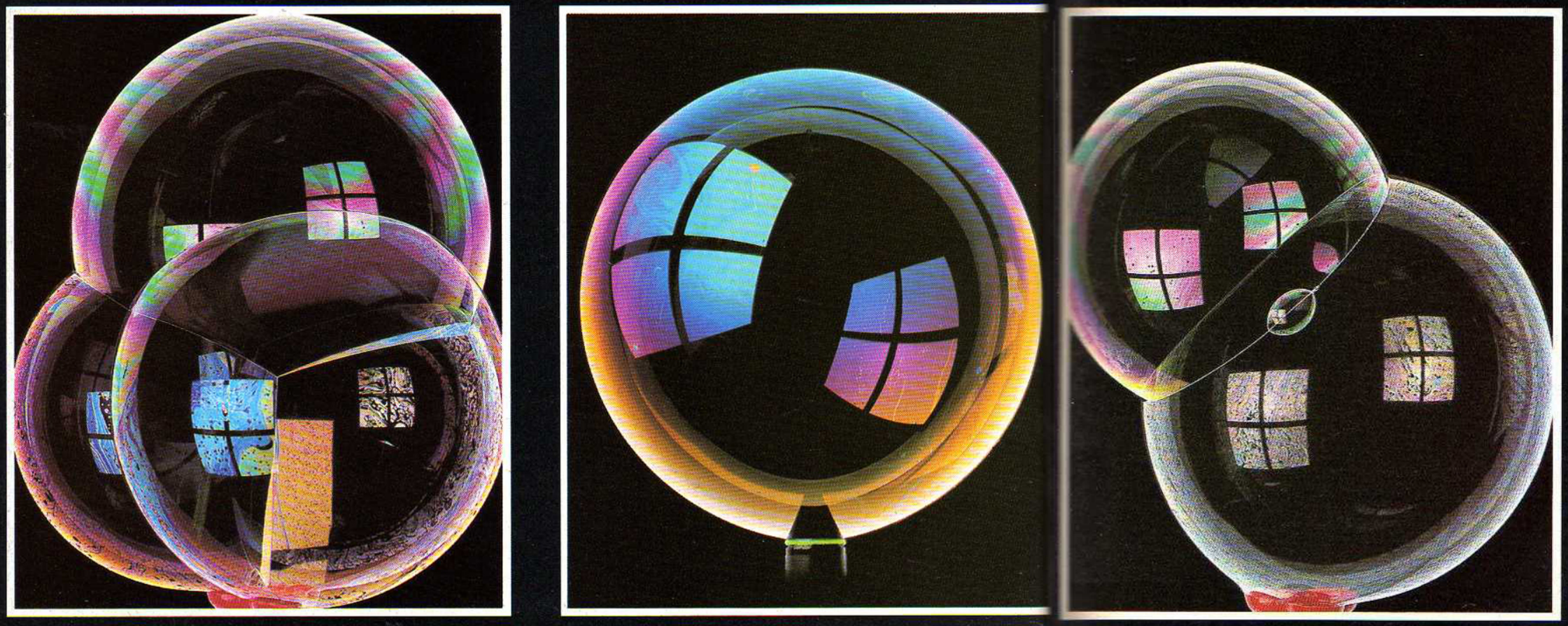 Artistic shots of soap bubbles show window reflections and spectral shimmer.