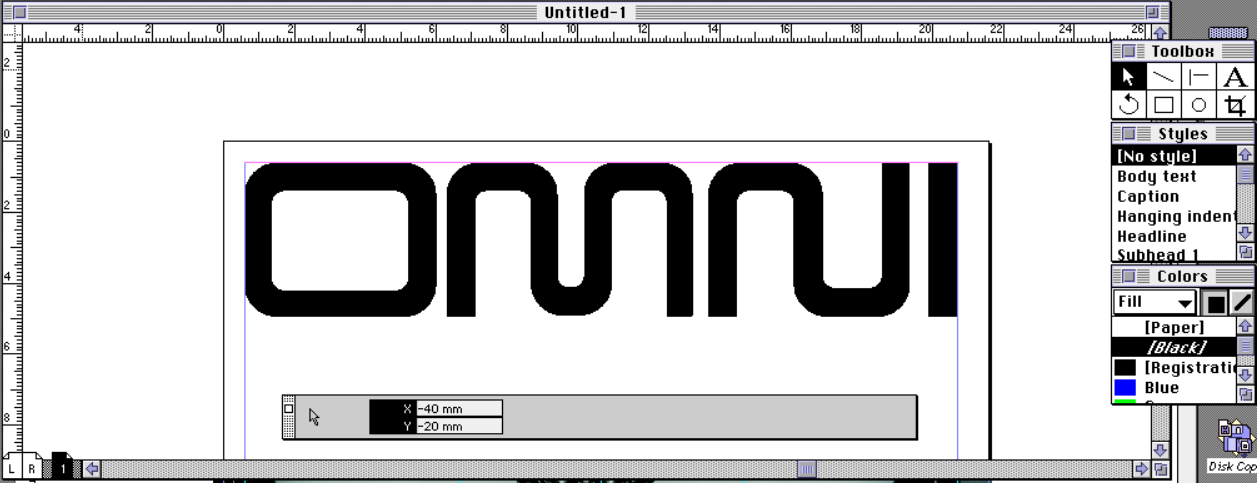 The blank page is no longer blank. "OMNI" is in black on the white background, which I honestly think would be pretty cool looking, if printed like that on heavy, shiny white paper.