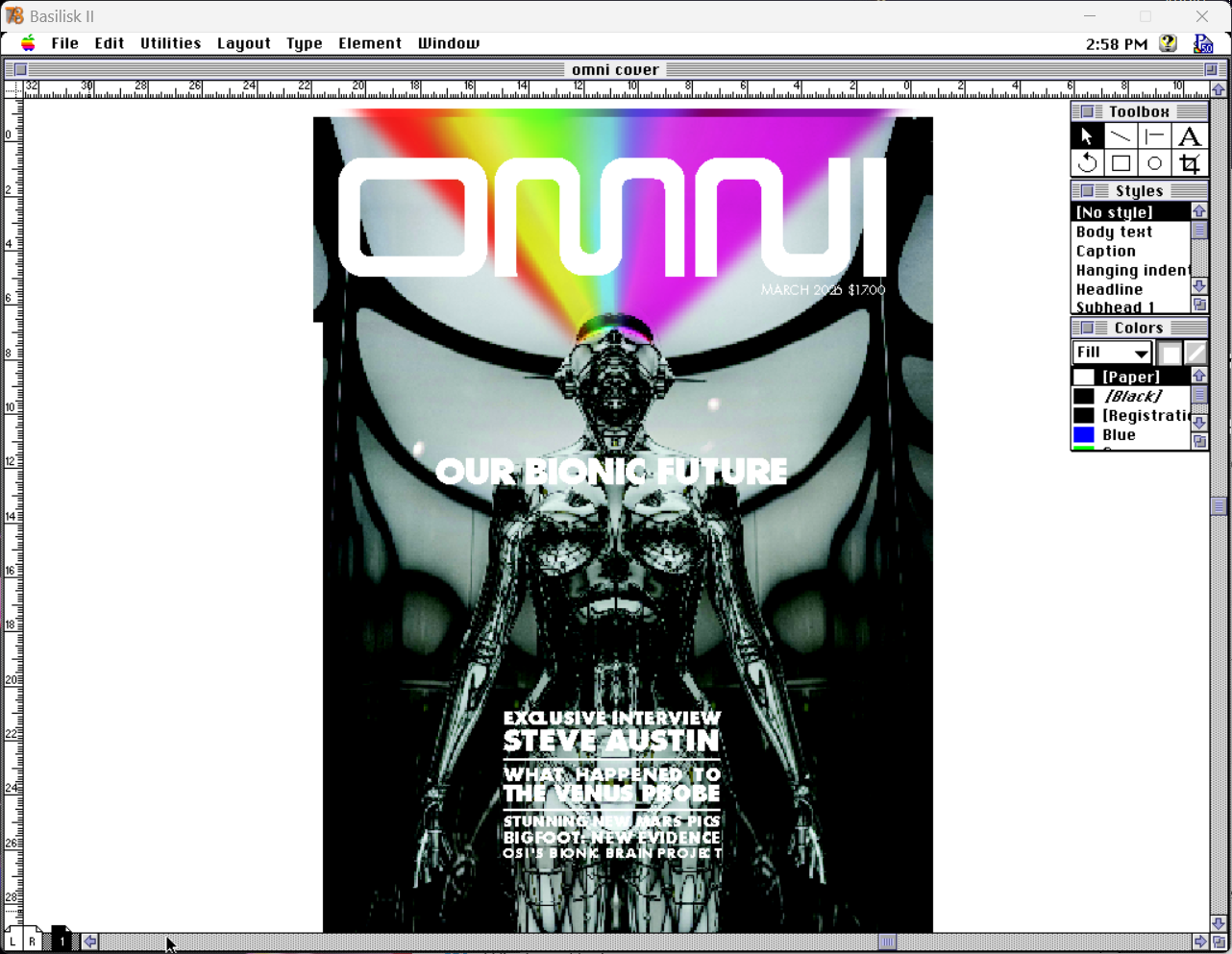 The cover, revealed. A chrome robot shaped in feminine coded proportions (breasts, cinched waist, hips), stands front and center looking up. From the robots visor, a full spectrum of color radiates out in a fan shape. Like if Cyclops shot rainbows, not red punch energy from the punch dimension. That's true, look it up!