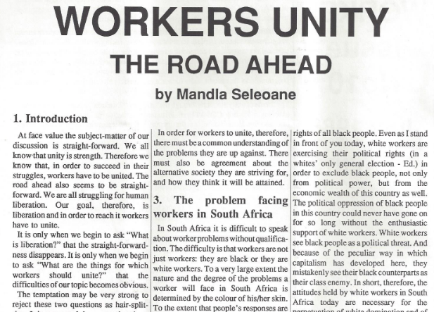 Snippet from a following issue of Azania Worker. Variations in the headline "Workers Unity" and "The Road Ahead" in centered Helvetica. The main body is set in what appears to be Times New Roman, in three columns, with subheads inline and 1 point rule running down the column gutters. The text is force-justified and has overly tight tracking.