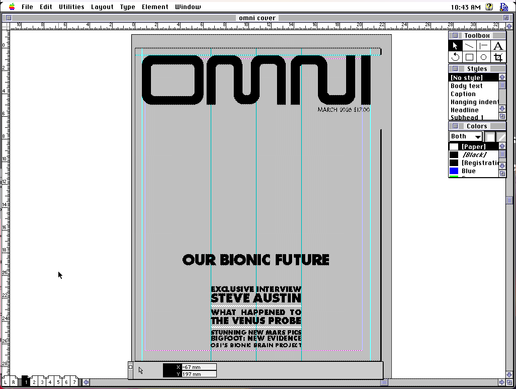 Screenshot showing the cover layout, the main image is represented by just a simple grey field for performance reasons. The masthead sits alone at the top. The title read, "Our Bionic Future" with stories listed below. "Exclusive interview Steve Austin", "What happened to the venus probe", "Stunning new mars pics", "Bigfoot: New Evidence", and "OSI's Bionic Brain Project"