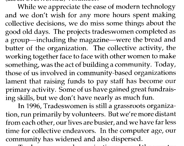 Snippet reads in part, "While we appreciate the ease of modern technology, we do miss some things about the good old days. The collective activity, the working together face to face with other women to make something, was the act of building a community. Some of us have gained great fundraising skills, but we don't have nearly as much fun."