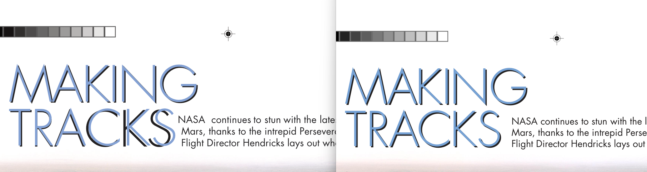 Side by side comparison of Affinity 3's bad PDF rendering vs. Sumatra. The headline "Making Tracks" has a drop shadow. These are out of alignment in Affinity.