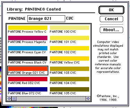 Screenshot showing the PANTONE color swatches, for adding to the project's color palette. Process cyan, magenta, yellow, and black, along with stalwarts like Red 032 and Blue 072 lead into the PANTONE 100s, a bank of yellows.