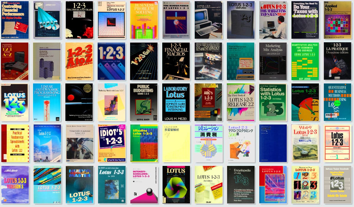 A collage of 55 book covers, all about Lotus 1-2-3. Features books mostly in English, but German, Japanese, Spanish, and Italian are in the mix as well. Seriously, nobody could figure out how to make a sexy cover; they're all terribly boring designs.