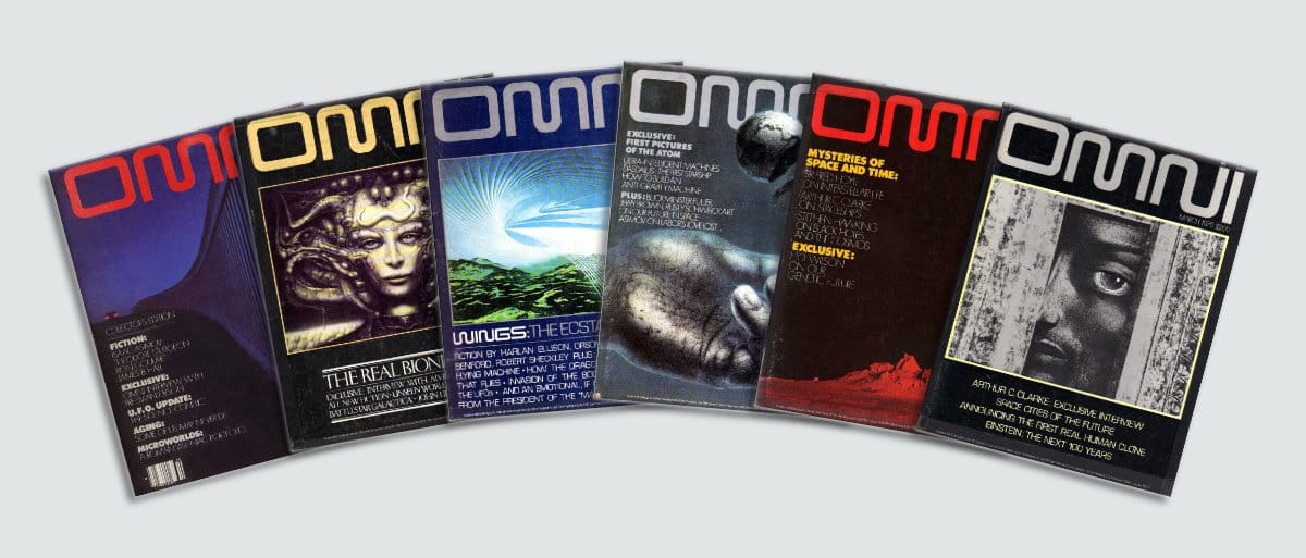 Covers of OMNI Magazine, issues 1 through 6, arranged in a fan. Each cover has a dominant color theme, blue, black/gld, silver/blue, red/black. They're pretty rad.