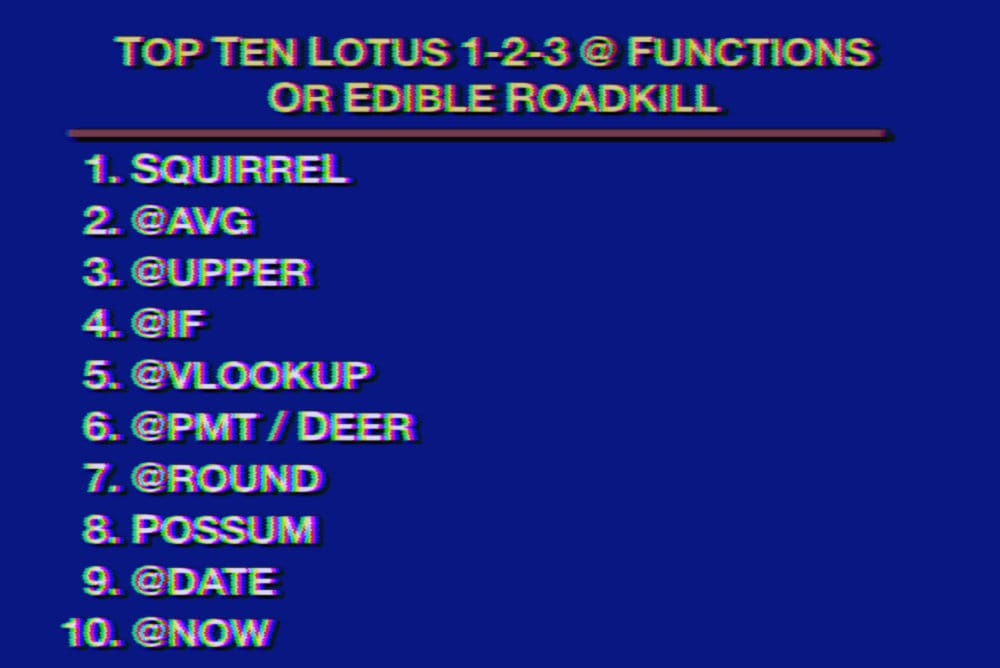 Fake screenshot from Late Night with David Letterman's famous "Top Ten" list. It's old-school, blue background with white text on top. The list title is, "Top 10 Lotus 1-2-3 at functions or edible roadkill." In true Letterman fashion, here they are starting with number 10. Number 10, @NOW. Number 9, @DATE. Number 8, Possum. Number 7, @ROUND. Number 6: @PMT or DEER (a tie). Number 5: @VLOOKUP. Number 4: @IF. Number 3: @UPPER. Number 2: @AVG. And the number one Top Ten Lotus 1-2-3 at function or Edible Roadkill. Squirrel!